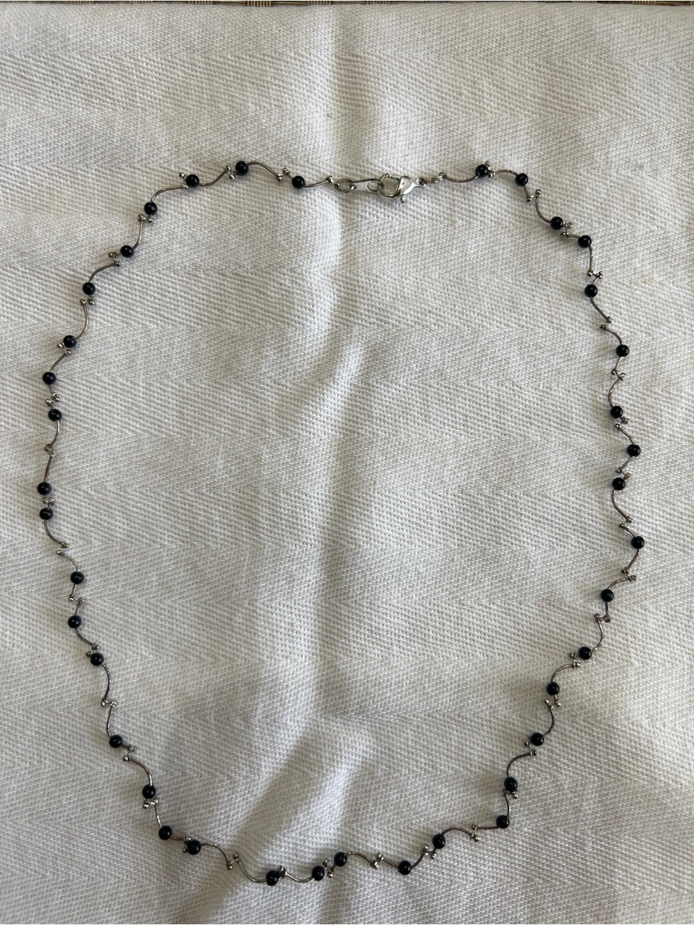 Silver Tone Wavy Bar & Black Bead Station Necklace | Zig Zag Link 15"
